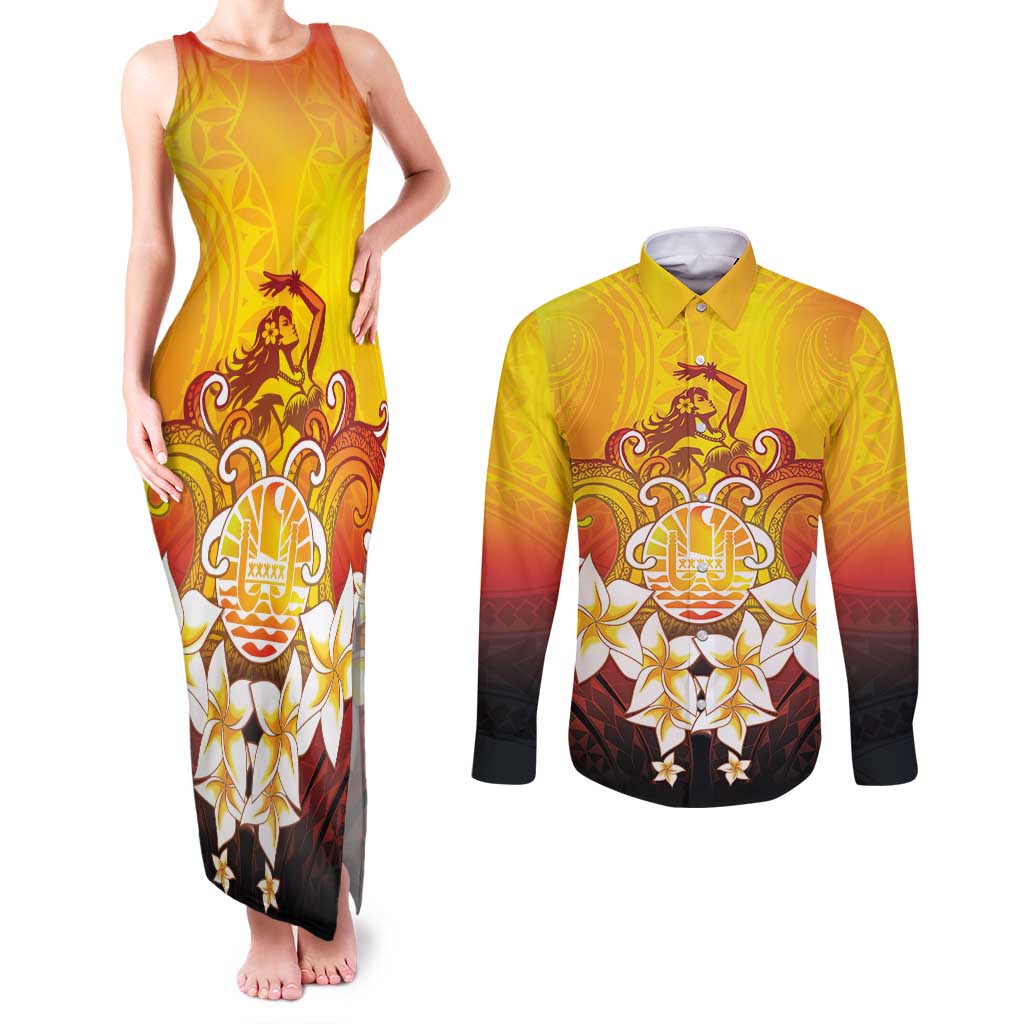 Tahiti Heiva Festival Couples Matching Tank Maxi Dress and Long Sleeve Button Shirt Tahitian Vahine Plumeria Flowers LT05 Yellow - Polynesian Pride