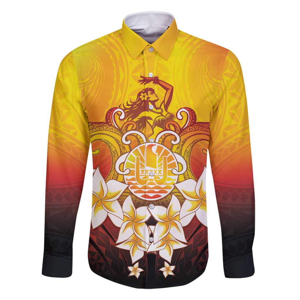 Tahiti Heiva Festival Family Matching Long Sleeve Bodycon Dress and Hawaiian Shirt Tahitian Vahine Plumeria Flowers LT05 Dad's Shirt - Long Sleeve Yellow - Polynesian Pride