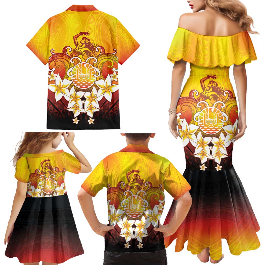 Tahiti Heiva Festival Family Matching Mermaid Dress and Hawaiian Shirt Tahitian Vahine Plumeria Flowers LT05 - Polynesian Pride