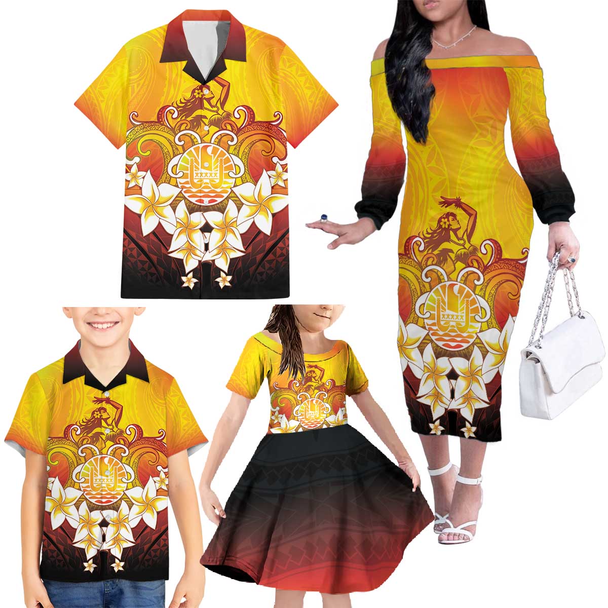 Tahiti Heiva Festival Family Matching Off The Shoulder Long Sleeve Dress and Hawaiian Shirt Tahitian Vahine Plumeria Flowers LT05 - Polynesian Pride