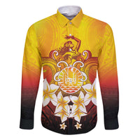 Tahiti Heiva Festival Family Matching Off The Shoulder Long Sleeve Dress and Hawaiian Shirt Tahitian Vahine Plumeria Flowers LT05 Dad's Shirt - Long Sleeve Yellow - Polynesian Pride