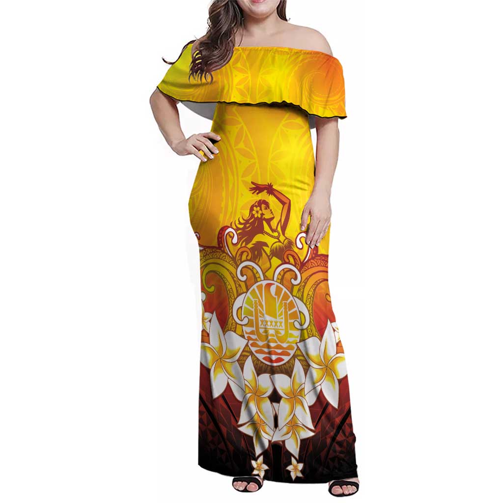 Tahiti Heiva Festival Family Matching Off Shoulder Maxi Dress and Hawaiian Shirt Tahitian Vahine Plumeria Flowers LT05 Mom's Dress Yellow - Polynesian Pride