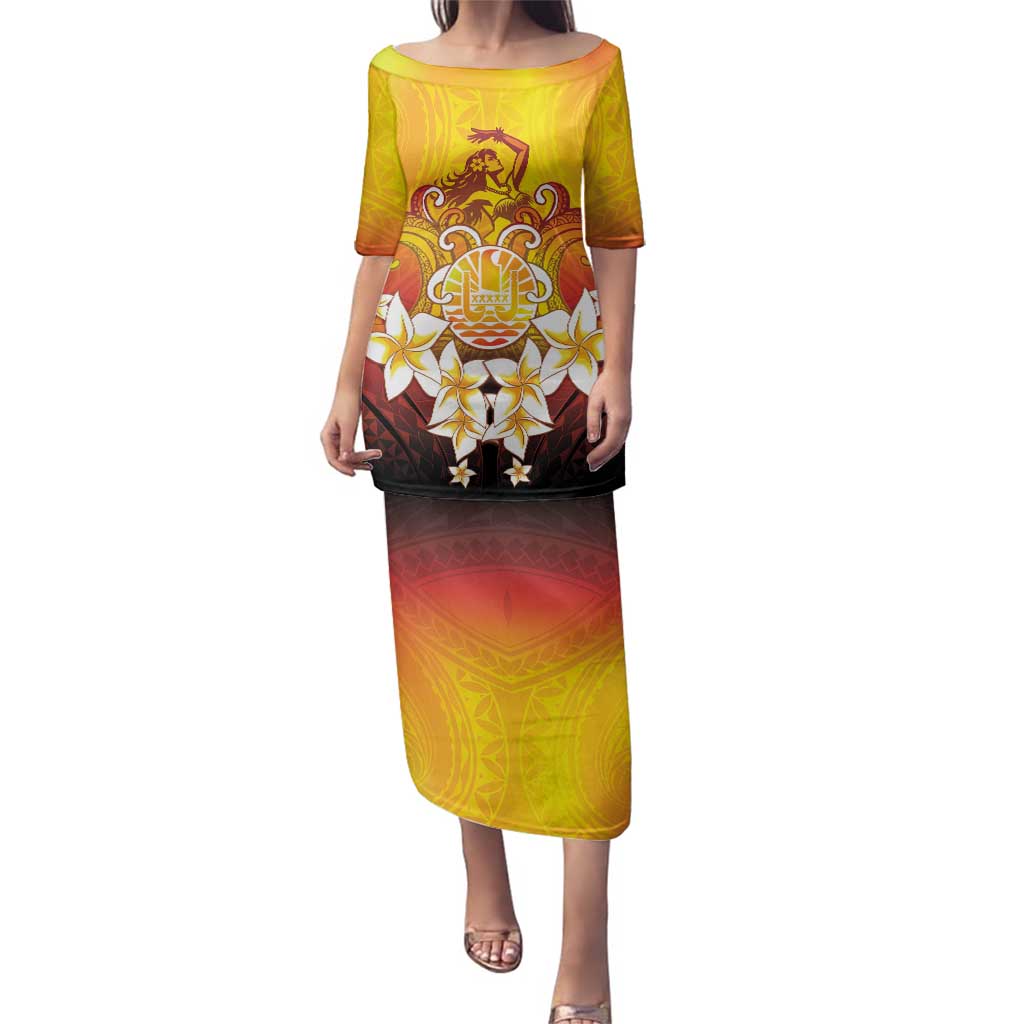 Tahiti Heiva Festival Family Matching Puletasi and Hawaiian Shirt Tahitian Vahine Plumeria Flowers LT05 Mom's Dress Yellow - Polynesian Pride