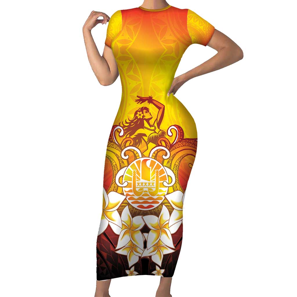 Tahiti Heiva Festival Family Matching Short Sleeve Bodycon Dress and Hawaiian Shirt Tahitian Vahine Plumeria Flowers LT05 Mom's Dress Yellow - Polynesian Pride