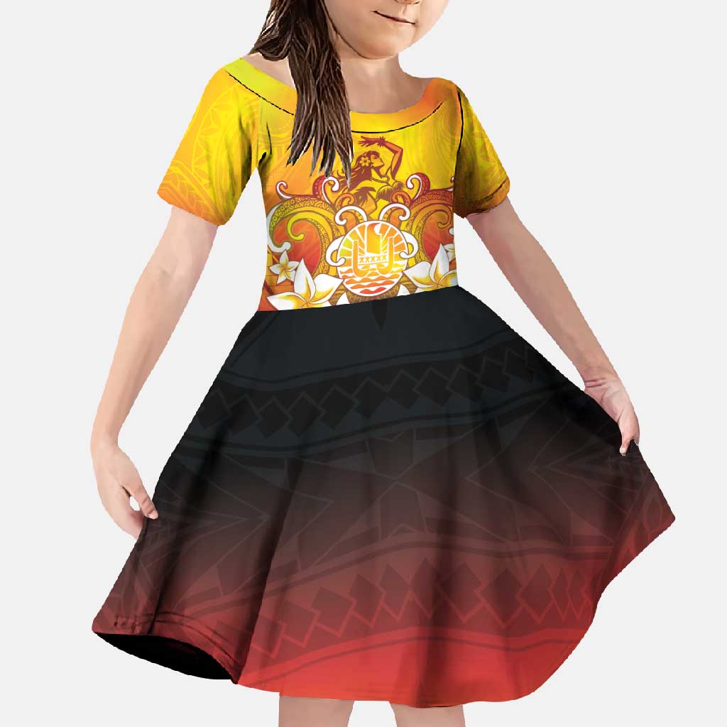 Tahiti Heiva Festival Family Matching Summer Maxi Dress and Hawaiian Shirt Tahitian Vahine Plumeria Flowers LT05 Daughter's Dress Yellow - Polynesian Pride