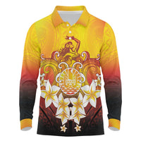 Tahiti Heiva Festival Long Sleeve Polo Shirt Tahitian Vahine Plumeria Flowers LT05 Yellow - Polynesian Pride