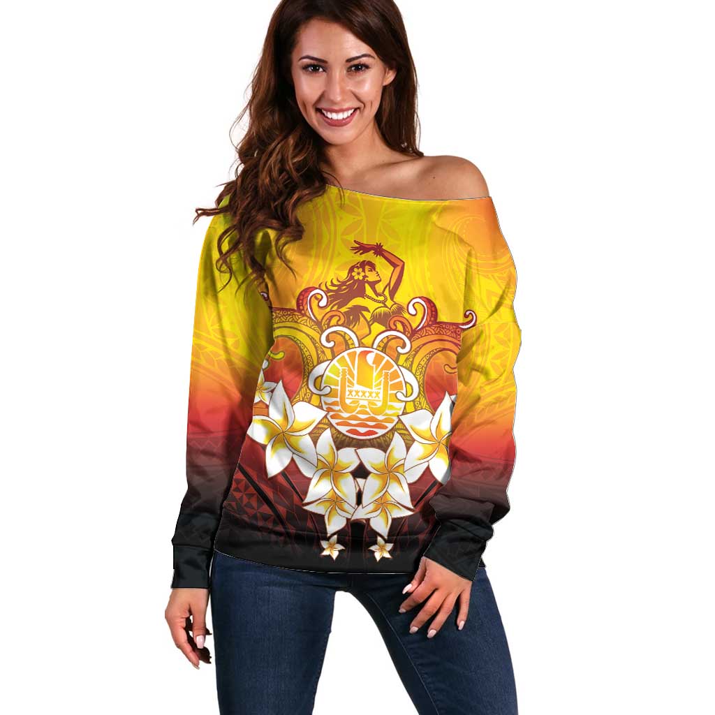 Tahiti Heiva Festival Off Shoulder Sweater Tahitian Vahine Plumeria Flowers LT05 Women Yellow - Polynesian Pride