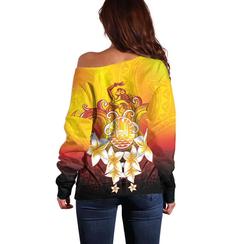 Tahiti Heiva Festival Off Shoulder Sweater Tahitian Vahine Plumeria Flowers LT05 - Polynesian Pride