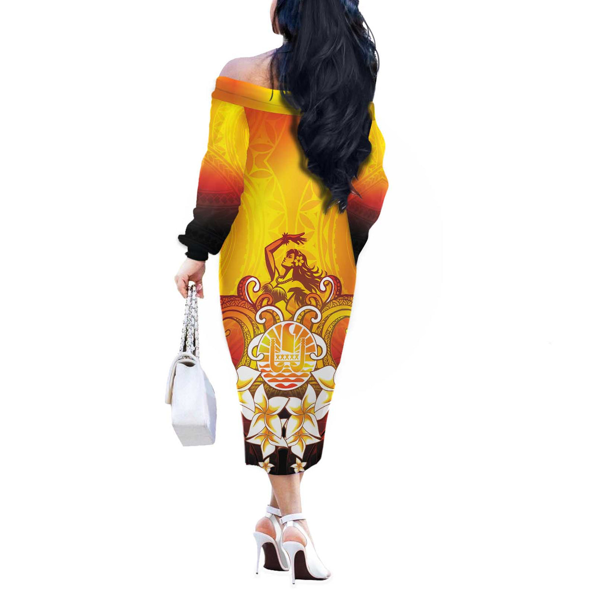 Tahiti Heiva Festival Off The Shoulder Long Sleeve Dress Tahitian Vahine Plumeria Flowers LT05 - Polynesian Pride