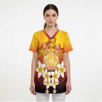 Tahiti Heiva Festival Scrub Top Tahitian Vahine Plumeria Flowers LT05 - Polynesian Pride