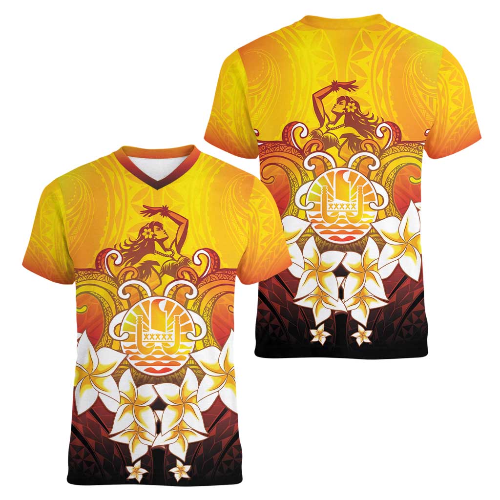 Tahiti Heiva Festival Women V-Neck T-Shirt Tahitian Vahine Plumeria Flowers LT05 - Polynesian Pride