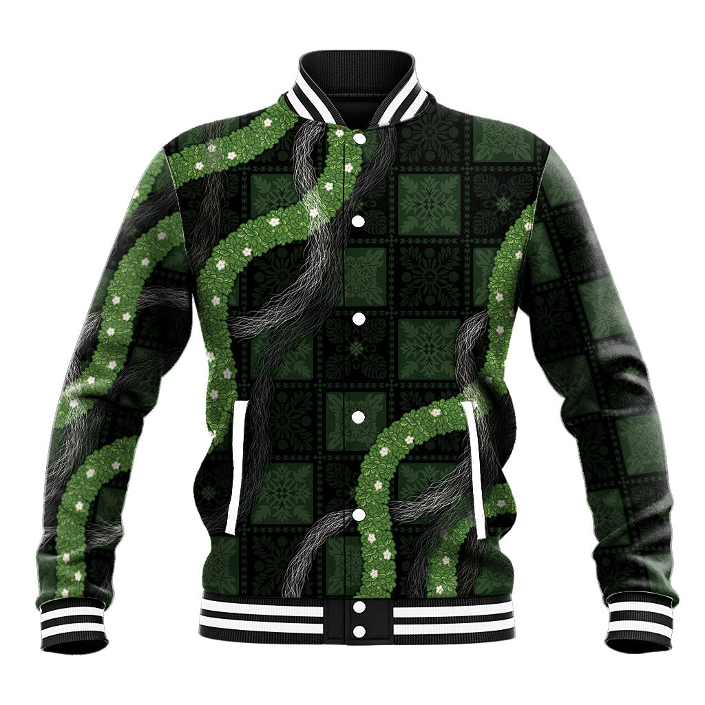 Hawaiian Quilt Baseball Jacket Pele Hair Hinahina Lei Black Version