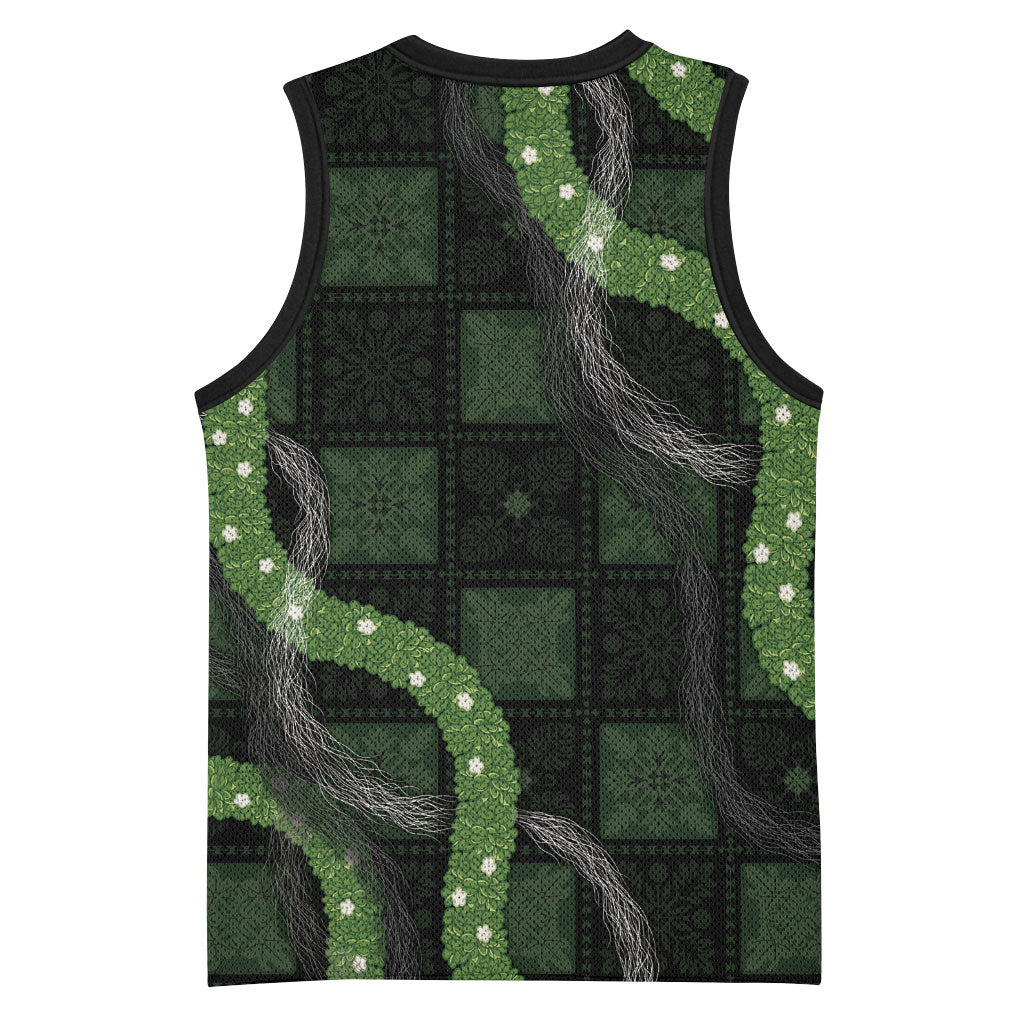 Hawaiian Quilt Basketball Jersey Pele Hair Hinahina Lei Black Version LT05 - Polynesian Pride