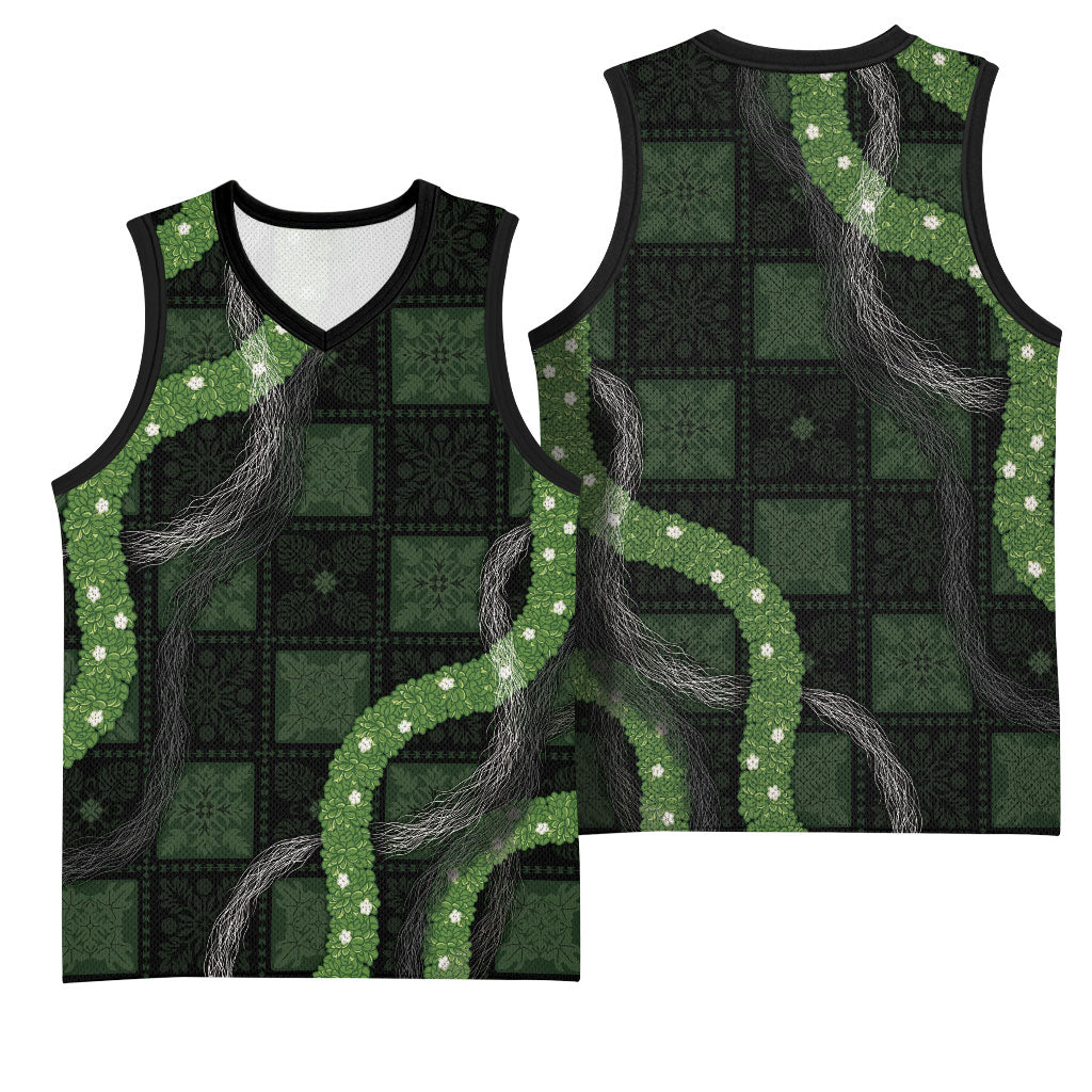 Hawaiian Quilt Basketball Jersey Pele Hair Hinahina Lei Black Version LT05 - Polynesian Pride