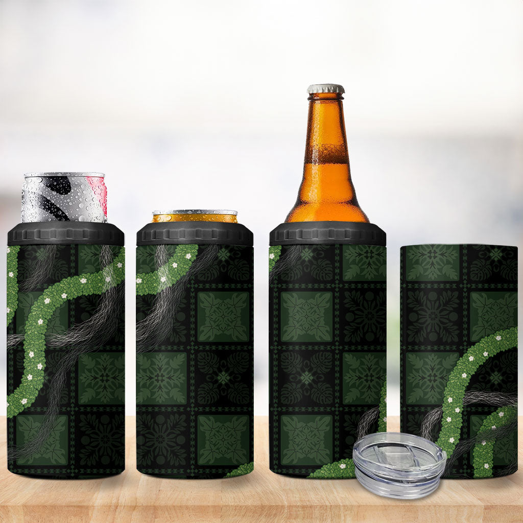 Hawaiian Quilt 4 in 1 Can Cooler Tumbler Pele Hair Hinahina Lei Black Version LT05 - Polynesian Pride