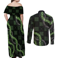 Hawaiian Quilt Couples Matching Off Shoulder Maxi Dress and Long Sleeve Button Shirt Pele Hair Hinahina Lei Black Version LT05 - Polynesian Pride