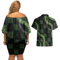 Hawaiian Quilt Couples Matching Off Shoulder Short Dress and Hawaiian Shirt Pele Hair Hinahina Lei Black Version LT05 - Polynesian Pride