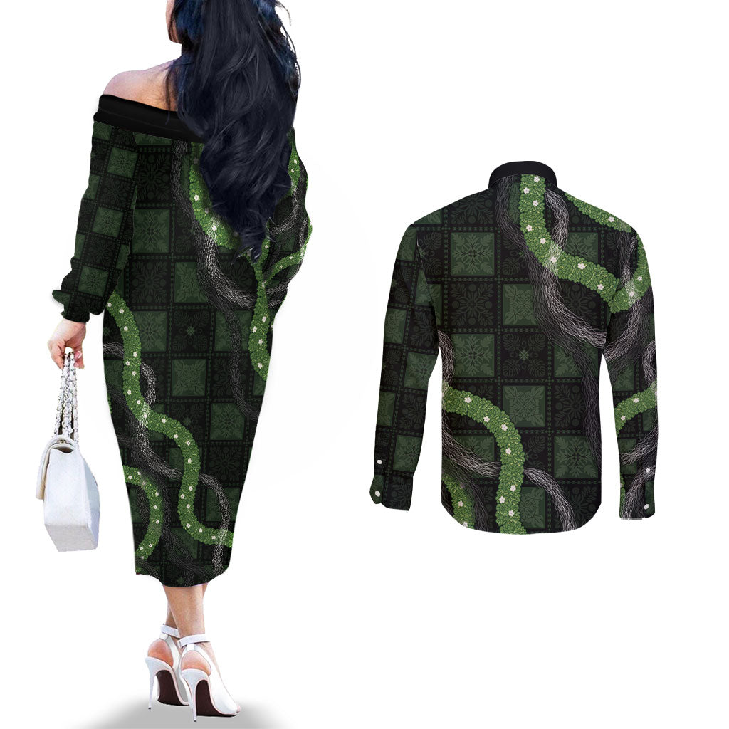Hawaiian Quilt Couples Matching Off The Shoulder Long Sleeve Dress and Long Sleeve Button Shirt Pele Hair Hinahina Lei Black Version LT05 - Polynesian Pride
