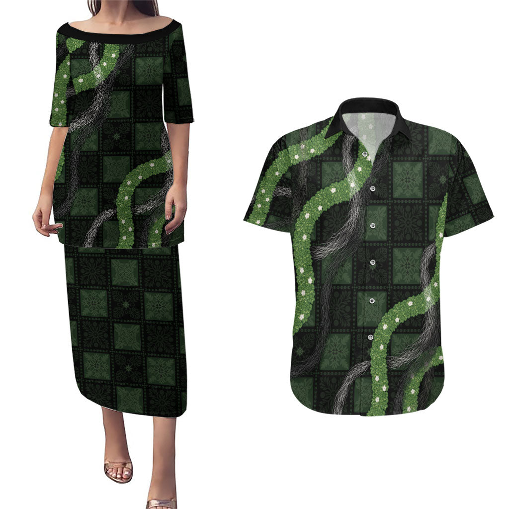 Hawaiian Quilt Couples Matching Puletasi and Hawaiian Shirt Pele Hair Hinahina Lei Black Version