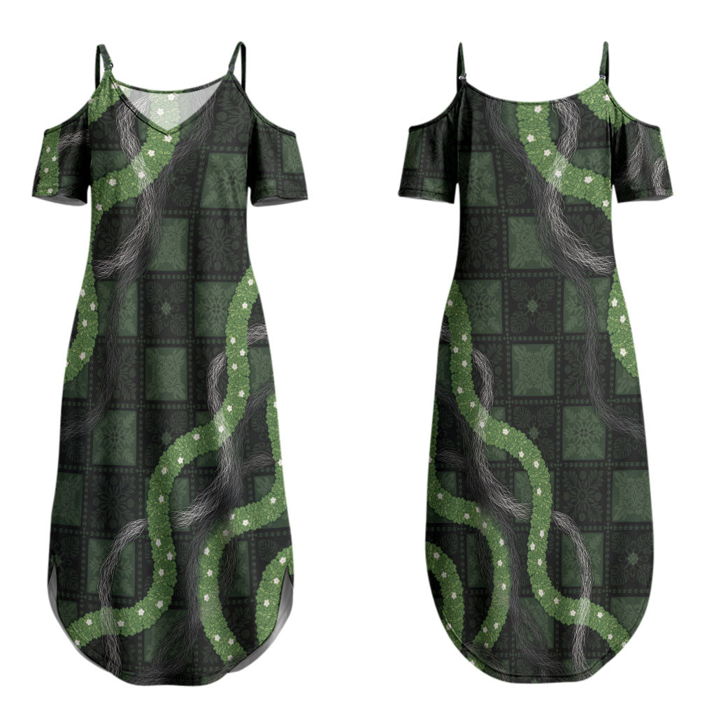 Hawaiian Quilt Couples Matching Summer Maxi Dress and Hawaiian Shirt Pele Hair Hinahina Lei Black Version LT05 - Polynesian Pride