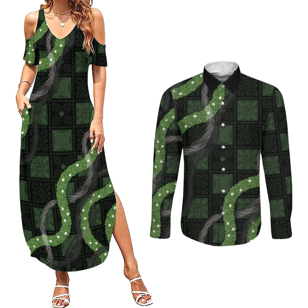 Hawaiian Quilt Couples Matching Summer Maxi Dress and Long Sleeve Button Shirt Pele Hair Hinahina Lei Black Version