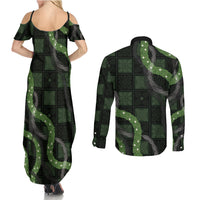 Hawaiian Quilt Couples Matching Summer Maxi Dress and Long Sleeve Button Shirt Pele Hair Hinahina Lei Black Version LT05 - Polynesian Pride