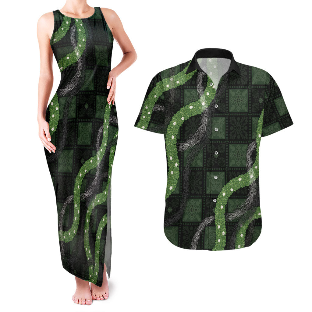 Hawaiian Quilt Couples Matching Tank Maxi Dress and Hawaiian Shirt Pele Hair Hinahina Lei Black Version LT05 Black - Polynesian Pride