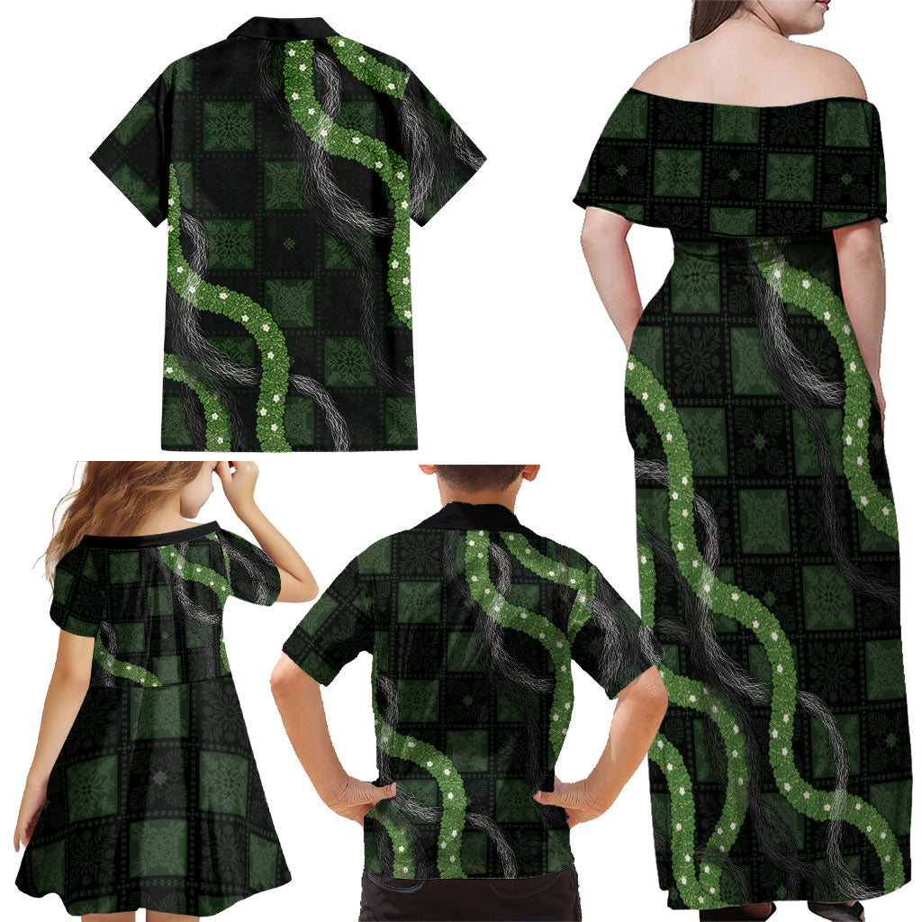 Hawaiian Quilt Family Matching Off Shoulder Maxi Dress and Hawaiian Shirt Pele Hair Hinahina Lei Black Version LT05 - Polynesian Pride