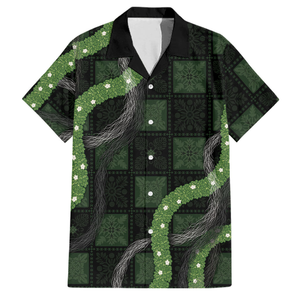 Hawaiian Quilt Family Matching Off Shoulder Maxi Dress and Hawaiian Shirt Pele Hair Hinahina Lei Black Version LT05 Dad's Shirt - Short Sleeve Black - Polynesian Pride