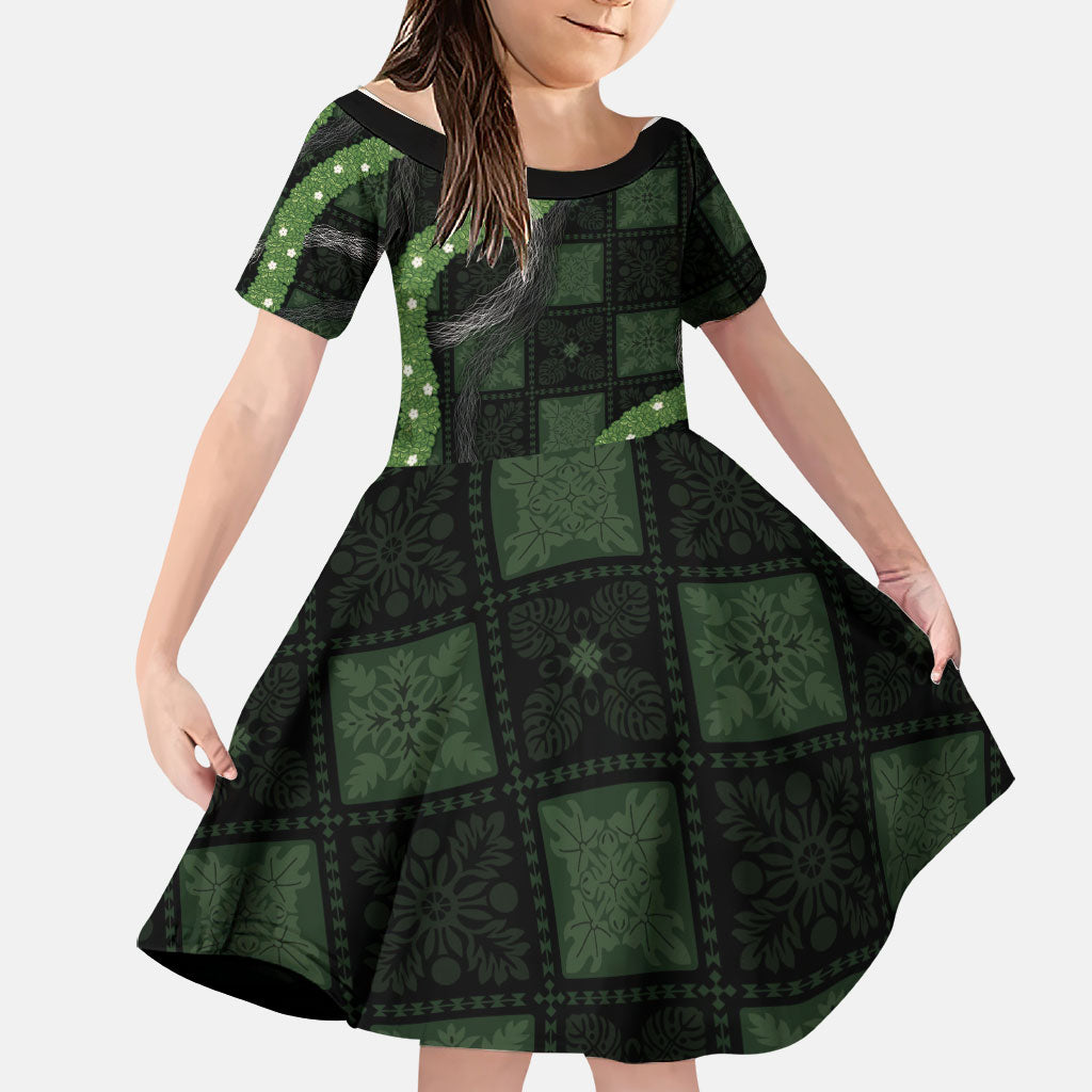Hawaiian Quilt Family Matching Puletasi and Hawaiian Shirt Pele Hair Hinahina Lei Black Version LT05 Daughter's Dress Black - Polynesian Pride