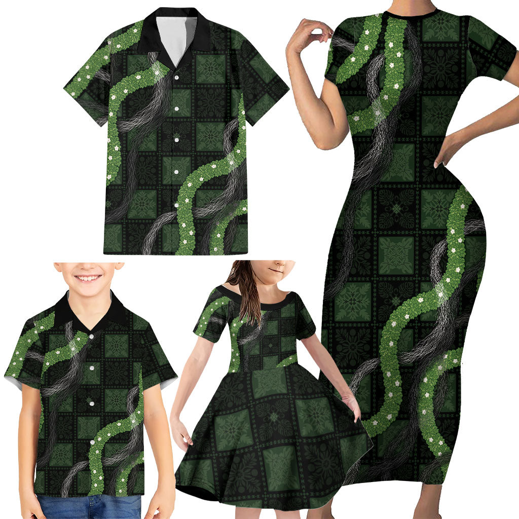 Hawaiian Quilt Family Matching Short Sleeve Bodycon Dress and Hawaiian Shirt Pele Hair Hinahina Lei Black Version