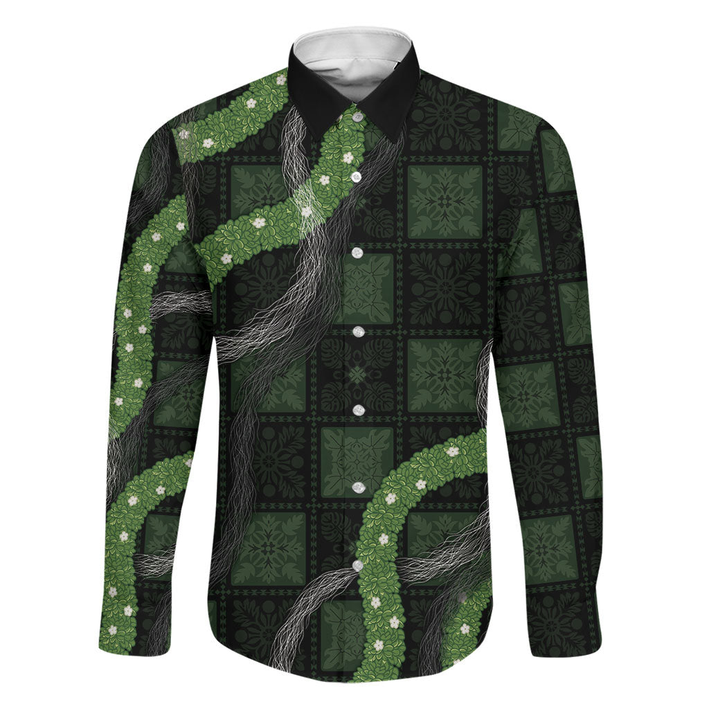 Hawaiian Quilt Family Matching Summer Maxi Dress and Hawaiian Shirt Pele Hair Hinahina Lei Black Version LT05 Dad's Shirt - Long Sleeve Black - Polynesian Pride