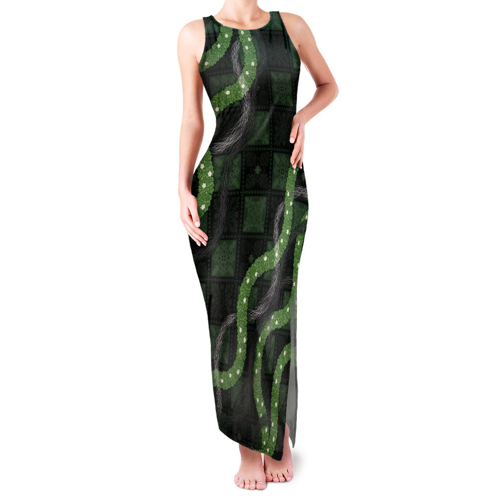 Hawaiian Quilt Family Matching Tank Maxi Dress and Hawaiian Shirt Pele Hair Hinahina Lei Black Version LT05 Mom's Dress Black - Polynesian Pride