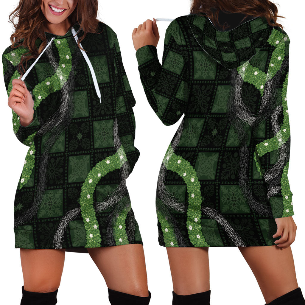 Hawaiian Quilt Hoodie Dress Pele Hair Hinahina Lei Black Version LT05 - Polynesian Pride
