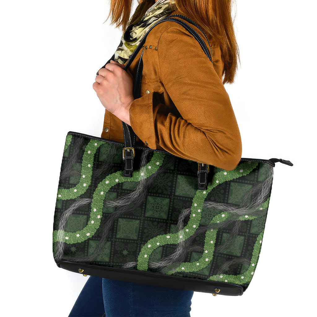Hawaiian Quilt Leather Tote Bag Pele Hair Hinahina Lei Black Version