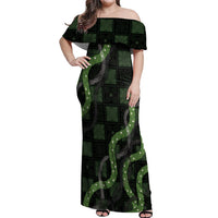 Hawaiian Quilt Off Shoulder Maxi Dress Pele Hair Hinahina Lei Black Version
