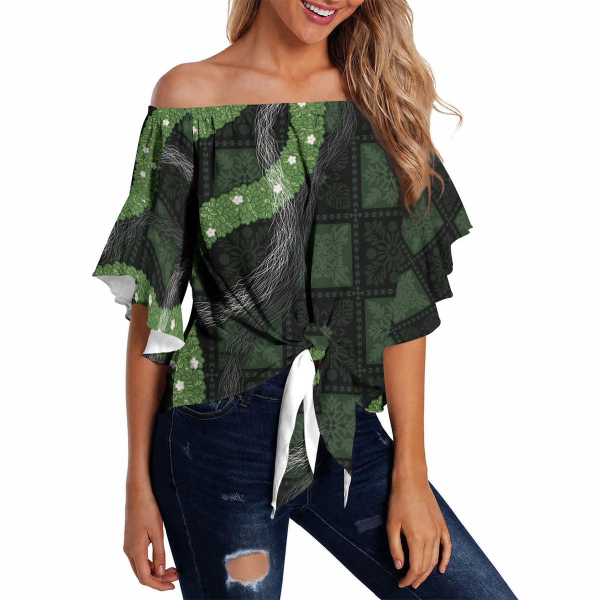 Hawaiian Quilt Off Shoulder Wrap Waist Top Pele Hair Hinahina Lei Black Version LT05 - Polynesian Pride