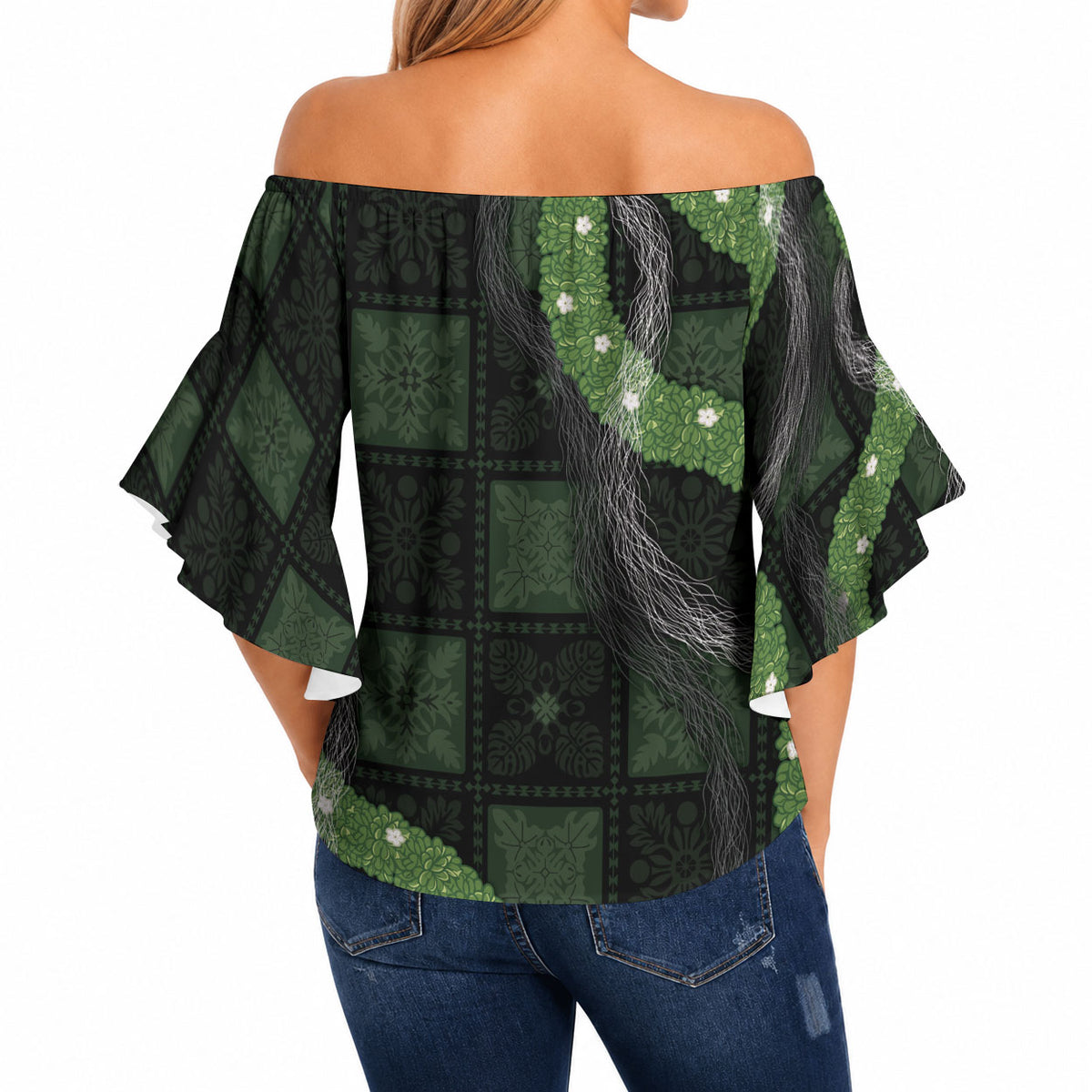 Hawaiian Quilt Off Shoulder Wrap Waist Top Pele Hair Hinahina Lei Black Version LT05 - Polynesian Pride