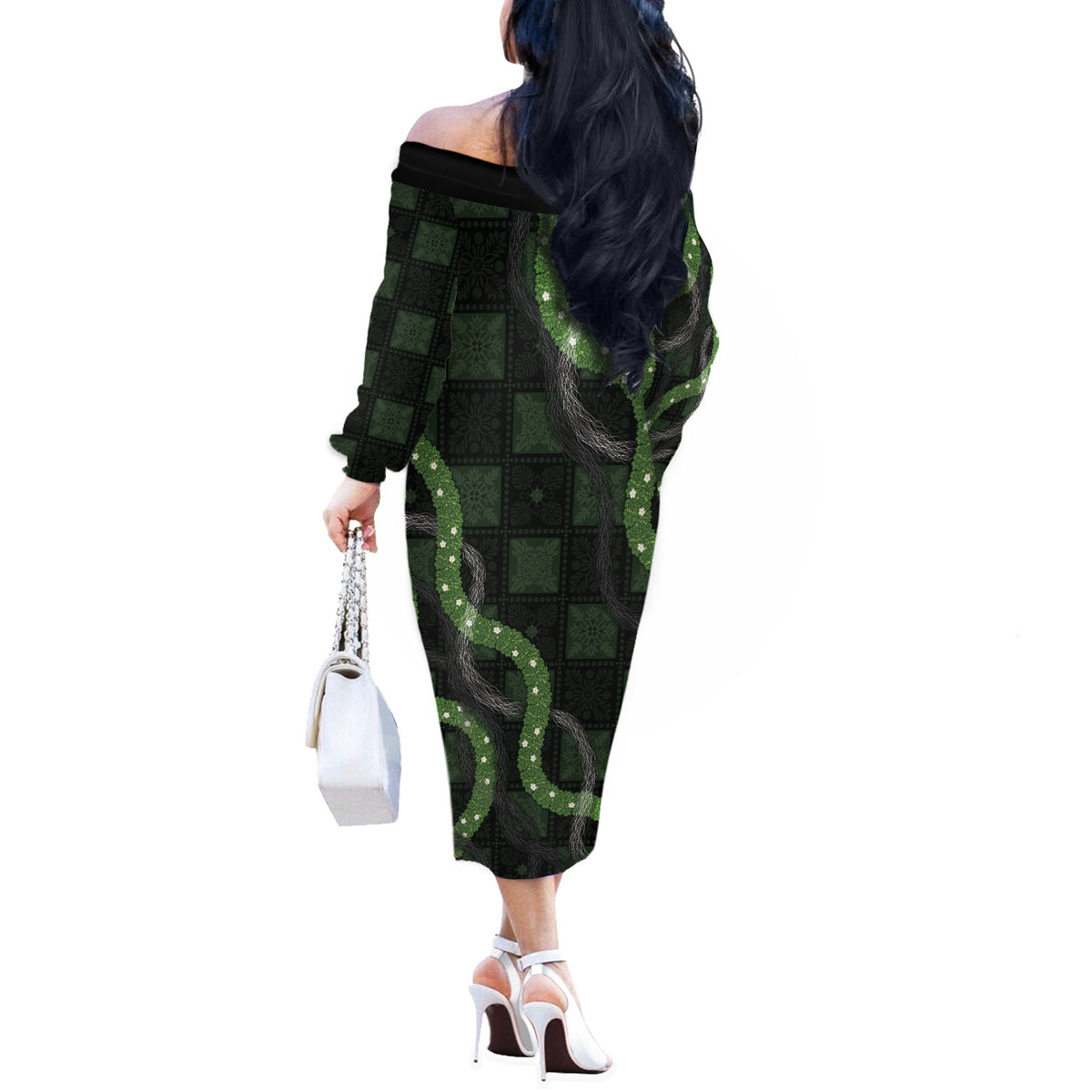 Hawaiian Quilt Off The Shoulder Long Sleeve Dress Pele Hair Hinahina Lei Black Version LT05 - Polynesian Pride