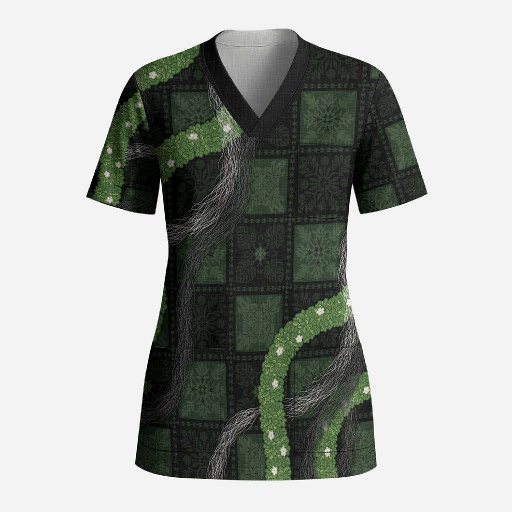 Hawaiian Quilt Scrub Top Pele Hair Hinahina Lei Black Version
