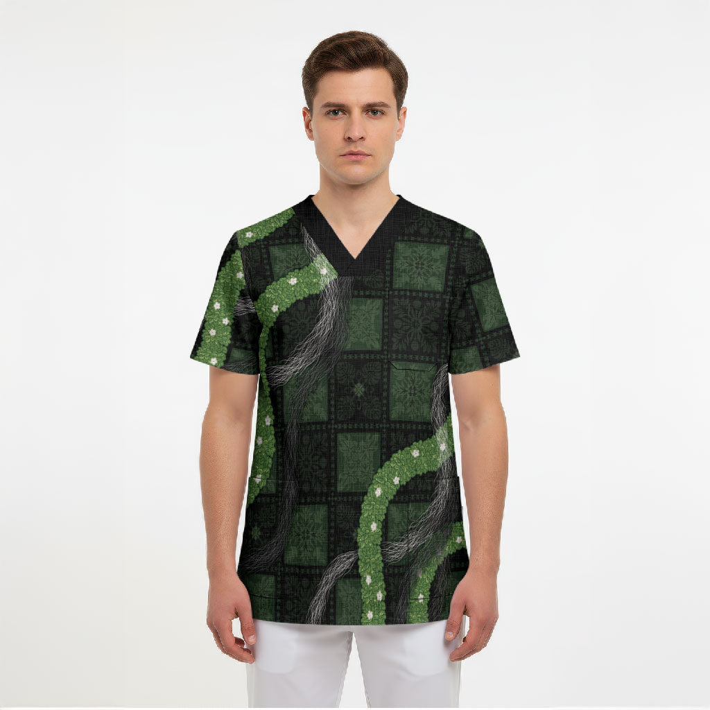 Hawaiian Quilt Scrub Top Pele Hair Hinahina Lei Black Version