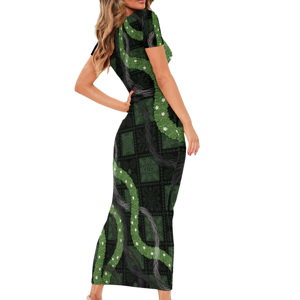 Hawaiian Quilt Short Sleeve Bodycon Dress Pele Hair Hinahina Lei Black Version