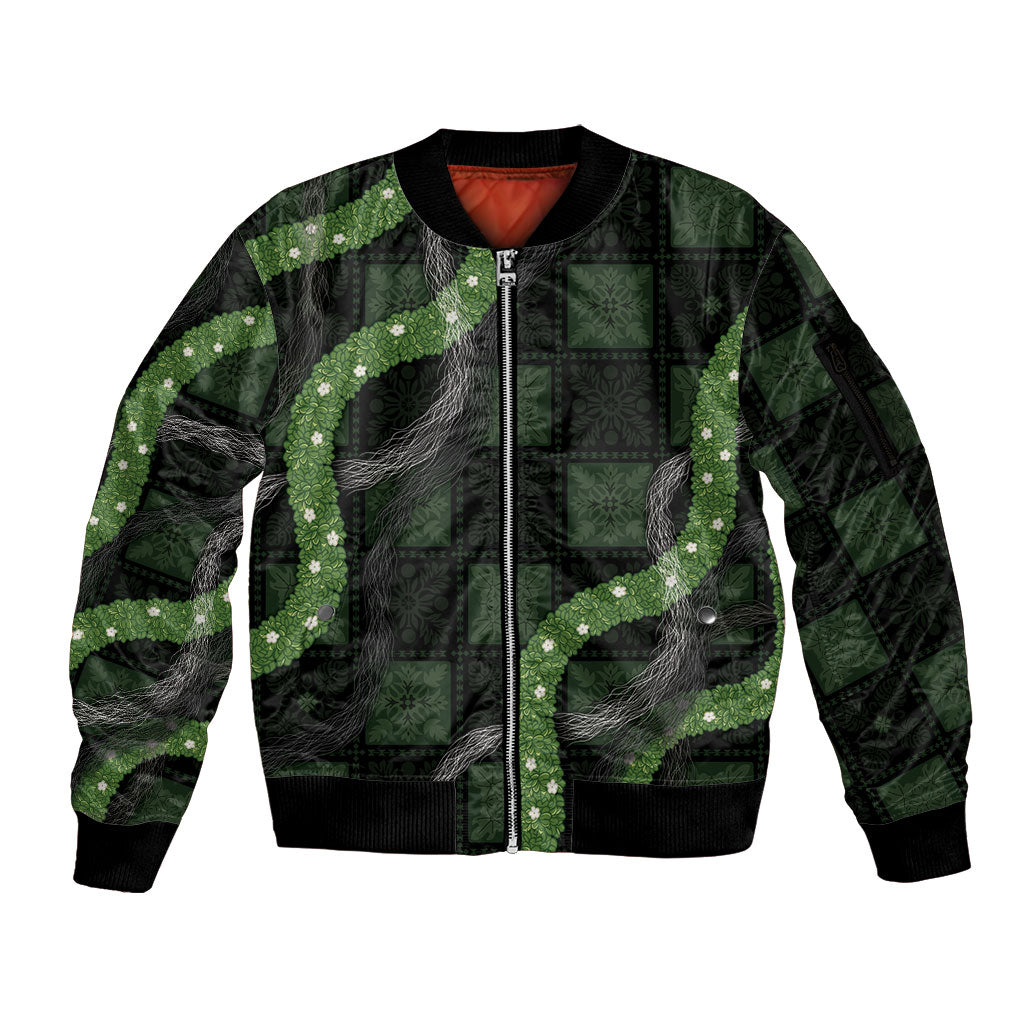 Hawaiian Quilt Sleeve Zip Bomber Jacket Pele Hair Hinahina Lei Black Version