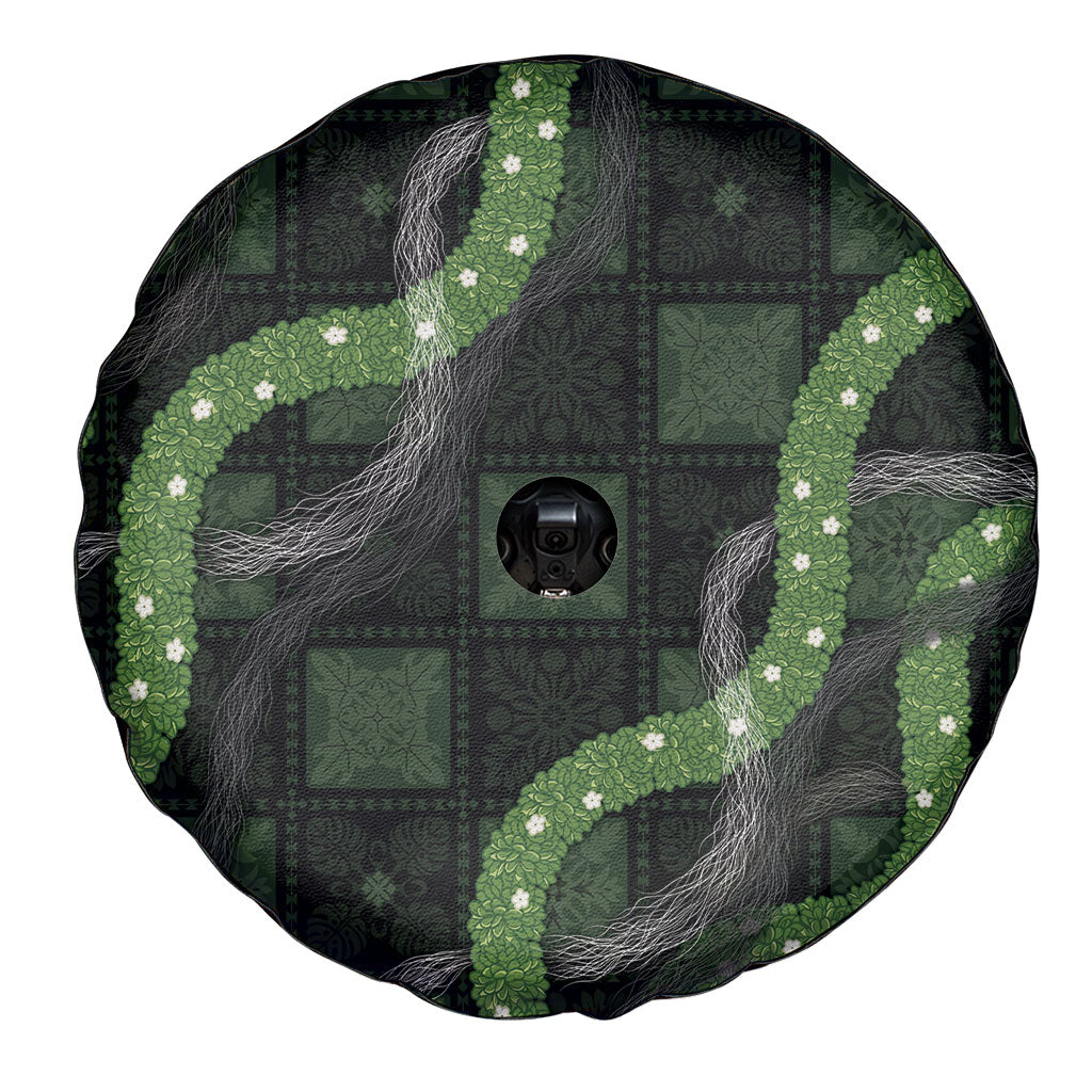 Hawaiian Quilt Spare Tire Cover Pele Hair Hinahina Lei Black Version