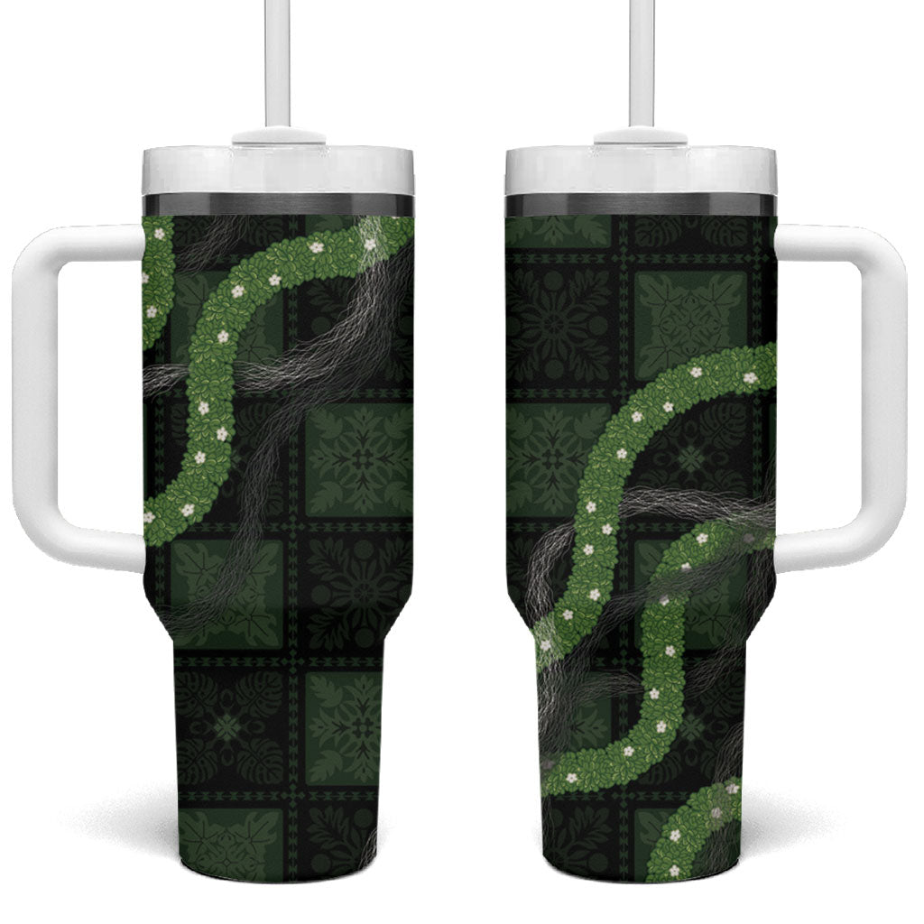 Hawaiian Quilt Tumbler With Handle Pele Hair Hinahina Lei Black Version