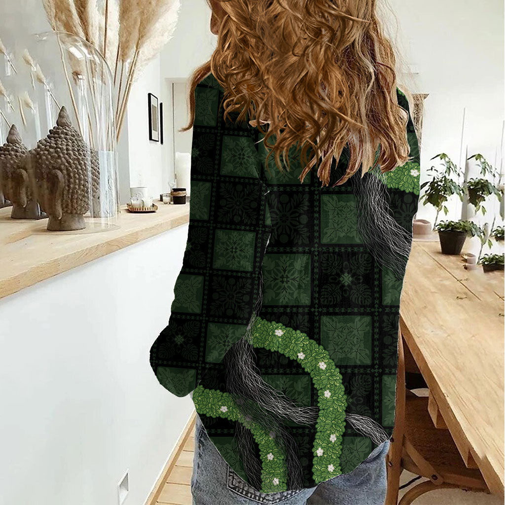 Hawaiian Quilt Women Casual Shirt Pele Hair Hinahina Lei Black Version LT05 - Polynesian Pride