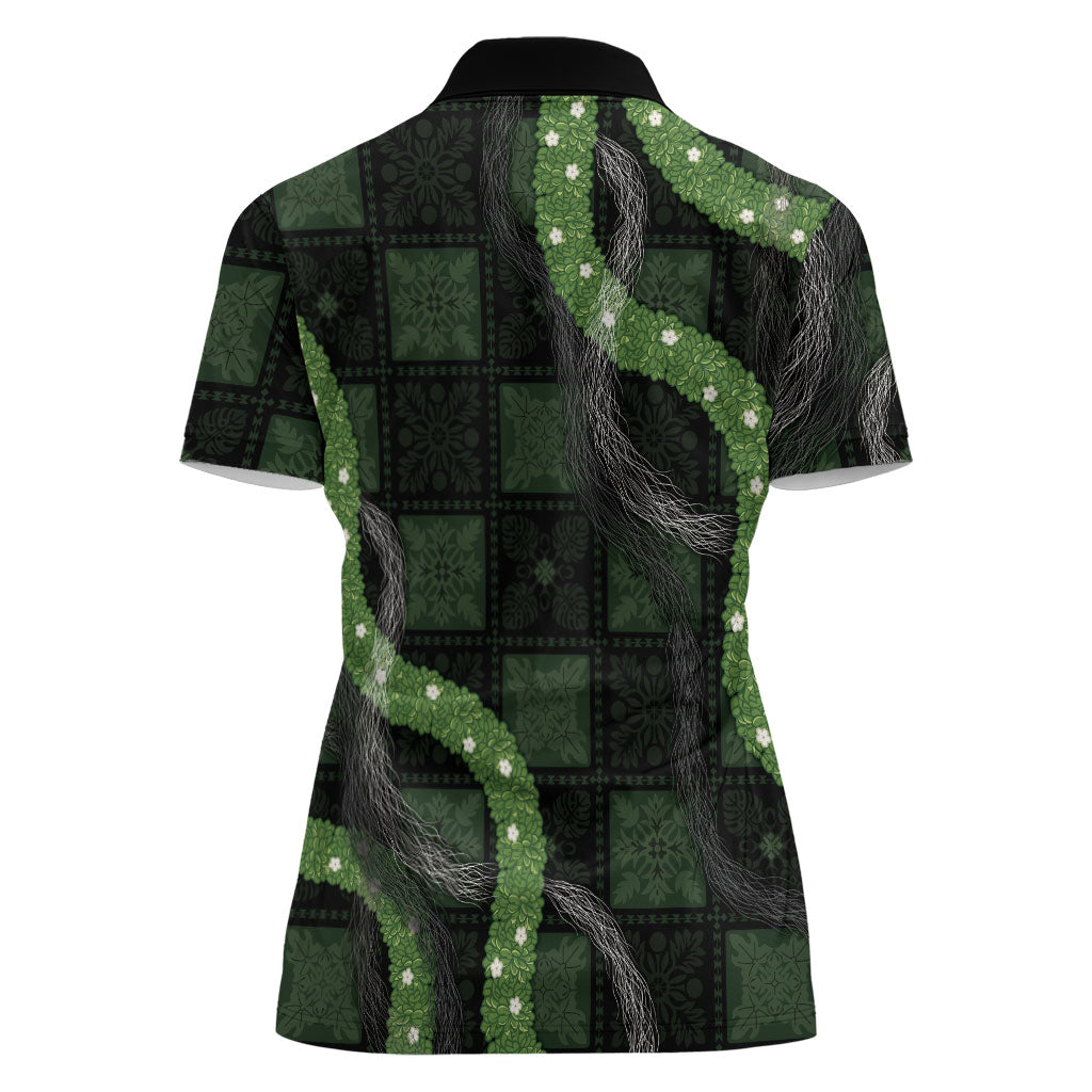 Hawaiian Quilt Women Polo Shirt Pele Hair Hinahina Lei Black Version LT05 - Polynesian Pride