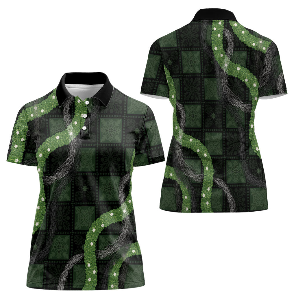 Hawaiian Quilt Women Polo Shirt Pele Hair Hinahina Lei Black Version LT05 - Polynesian Pride