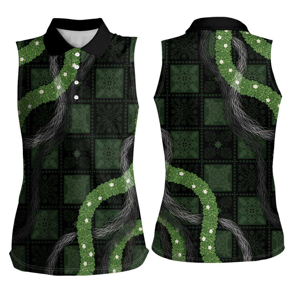 Hawaiian Quilt Women Sleeveless Polo Shirt Pele Hair Hinahina Lei Black Version LT05 - Polynesian Pride