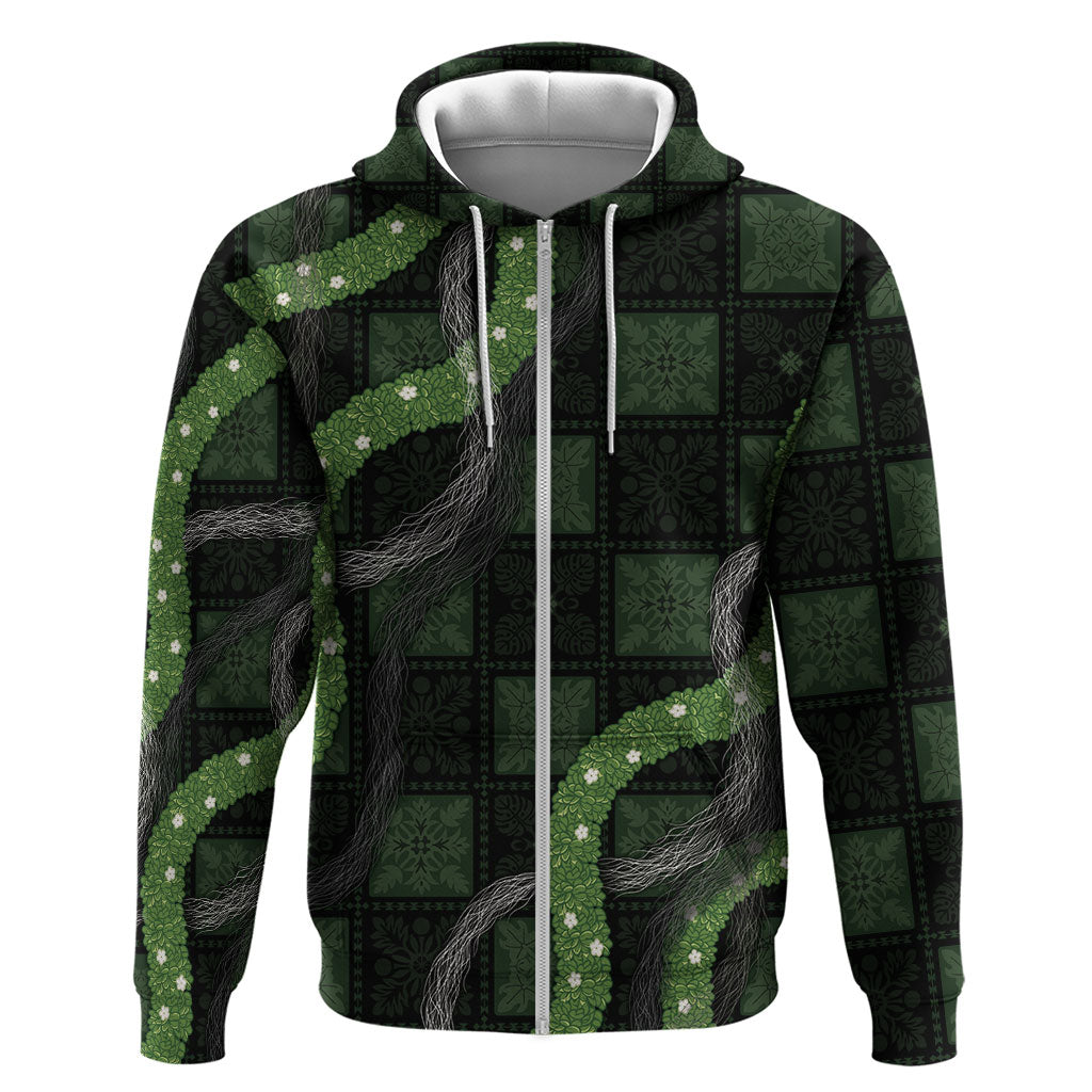 Hawaiian Quilt Zip Hoodie Pele Hair Hinahina Lei Black Version LT05 Zip Hoodie Black - Polynesian Pride
